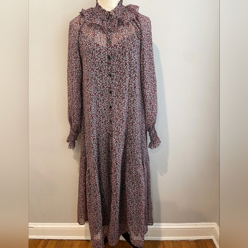 Mango Long Sleeve Floral Maxi Button Up Dress Smocked Sleeve M Prairie Romantic